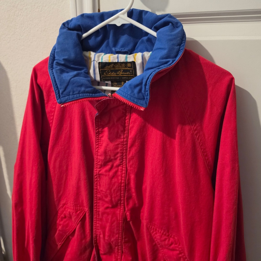 Vintage Eddie Bauer Mens Red Blue Colorblock Hooded Windbreaker Jacket Size M